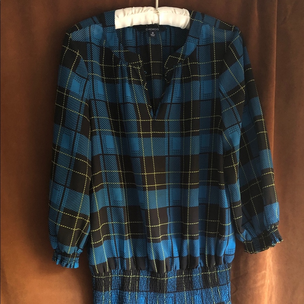 Chadwicks Blue and Black Plaid Blouse with Yellow Trim